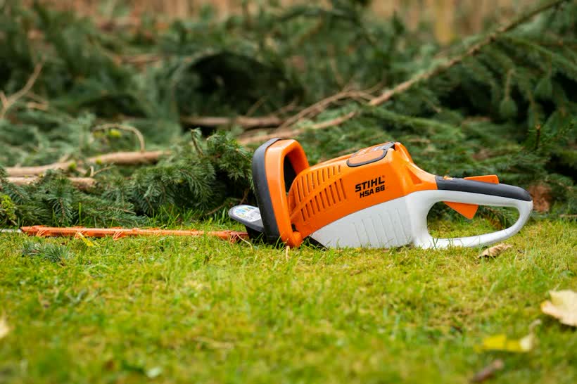Heckenschere liegt neben frischem Schnittgut im Gras