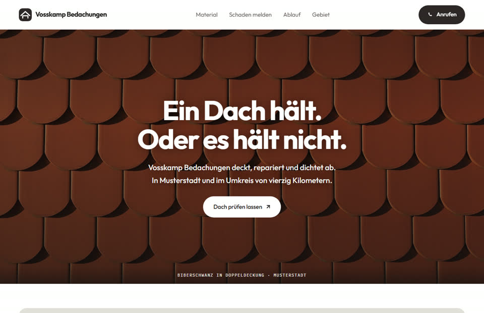 Startseite der Musterseite für einen Dachdeckerbetrieb