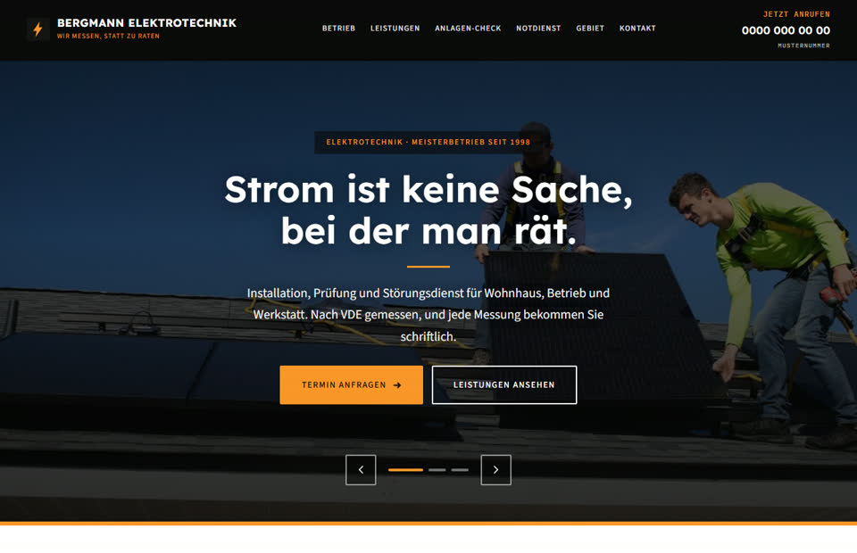 Startseite der Musterseite für einen Elektrobetrieb